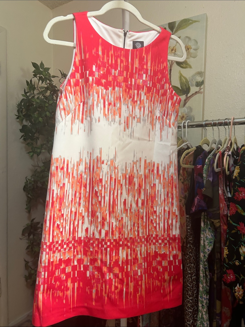 Vince Camuto Red, White & Orange Printed Midi Dress